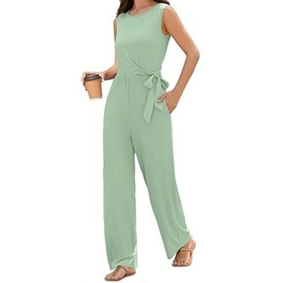 Zaful Womens One Piece Jumpsuit Casual Ribbed Sleeveless Pockets Green Small - Picture 1 of 7
